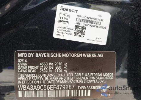 2014 BMW 335I из США, поврежденный, VIN WBA3A9C56EF479287